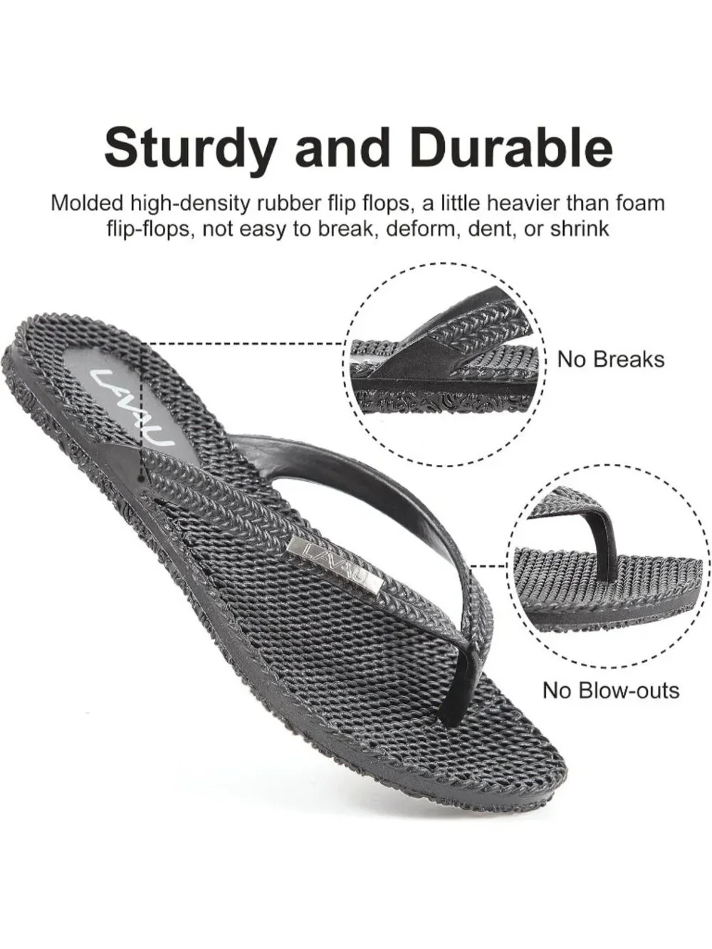 Women's Black Rubber Sole Waterproof Non Slip Flip Flops Flat Thong Sandals